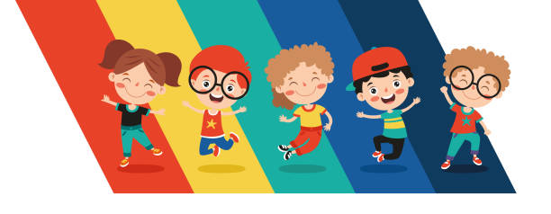 ilustrações de stock, clip art, desenhos animados e ícones de group of cartoon children playing - rainbow preschooler baby child