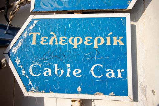Sign to Firá Cable Car in Santorini Caldera in South Aegean Islands, Greece