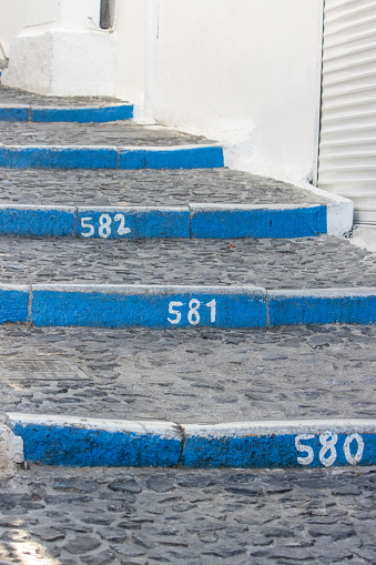 Numbered Steps in Firá on Santorini Caldera in South Aegean Islands, Greece