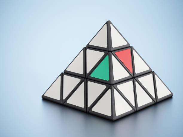 istock Pyramid shaped puzzle cube with red sell and green buy symbols standing on blue background 1360791299