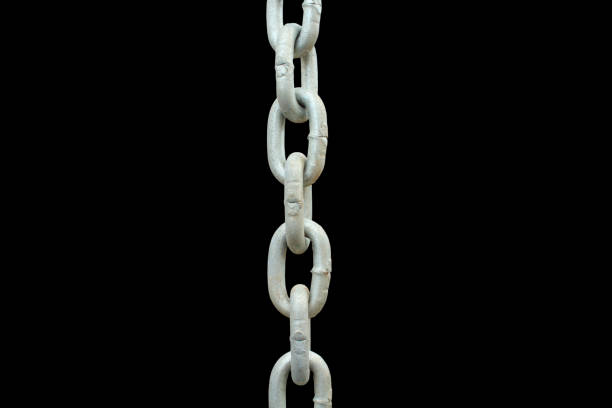 istock Silver thick metal chain. Close-up. Front side vertical view. The isolated object on a black background. Isolate. 1360792170
