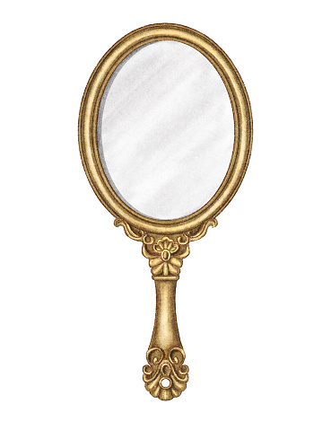 Watercolor vintage antique classic oval gold hand mirror with ornate pattern isolated on white background. Hand drawn illustration sketch