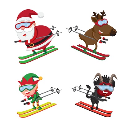 Cute cartoon style illustration set of Christmas characters skiing