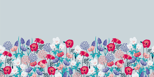 Vector Wildflower Garden with Poppies, Anemone and Allium flowers repeat pattern border.