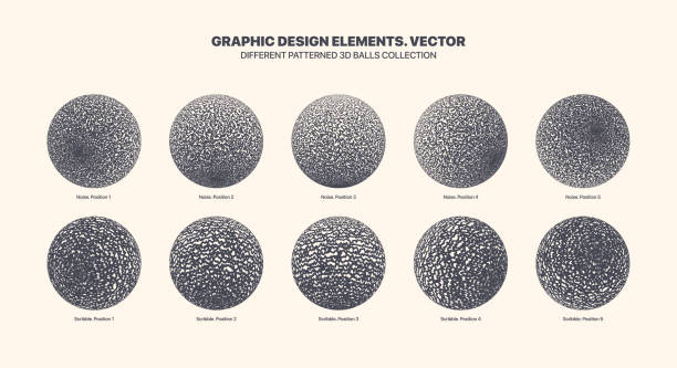 illustrations, cliparts, dessins animés et icônes de différentes positions boules vectorielles 3d avec bruit et texture de demi-teinte griffonnée - concentric individuality sphere circle