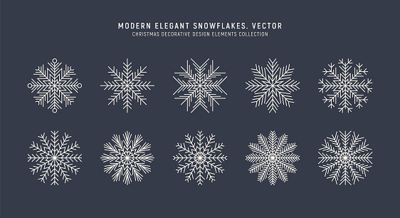 Elegant Modern Ornate Snowflakes Vector Set In Vintage Style Isolated On Background. Outline Trendy Snowflake Symbol Collection For Christmas And New Year Decoration. Winter Decorative Design Elements