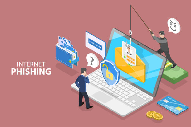 ilustrações de stock, clip art, desenhos animados e ícones de 3d isometric flat vector conceptual illustration of internet phishing - thief stealing identity computer