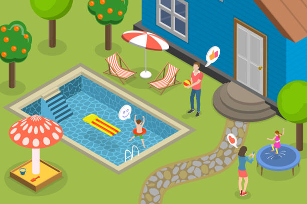 3d izometryczny płaski wektor koncepcyjna ilustracja aktywności na świeżym powietrzu - swimming pool child water park inflatable stock illustrations