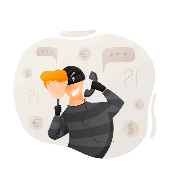 Vector illustration of Vector cartoon isolated illustration of calling sly male scammer wearing balaclava. Online or phone fraud, cybercrime concept.