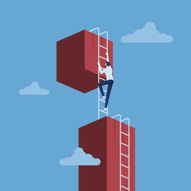 Next level to success vector concept Businessman climbing giant ladder to next level, next level to success vector concept giant cube stock illustrations