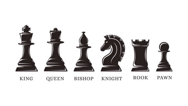 illustrazioni stock, clip art, cartoni animati e icone di tendenza di insieme delle icone vettoriali del pezzo degli scacchi delle sagome su sfondo bianco - black hobbies chess knight chess