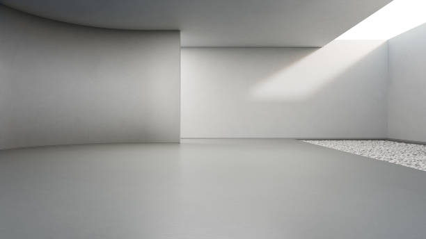Abstract interior design 3D rendering of modern showroom.