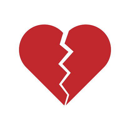 Broken heart icon. Red silhouette. Vector drawing. Isolated object on a white background. Isolate.
