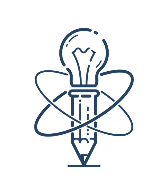 illustrations, cliparts, dessins animés et icônes de crayon avec ampoule et vecteur atomique simple icône linéaire, la physique de l'éducation ligne art symbole, la technologie scientifique idées solution créative. - medical research backgrounds laboratory chemistry class