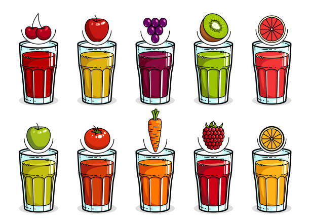 duży zestaw różnych soków o różnych kolorach w szklankach wektorowych jasnych ilustracji lub ikon izolowanych na białym, logo w stylu kreskówki lub plakietki dla czystego świeżego soku, dietetycznego napoju spożywczego pysznego i zdrowego. - raspberry berry vine berry fruit stock illustrations
