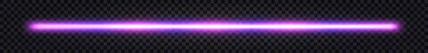 Vector illustration of Neon stick, laser beam with glowing light effecr. Purple blue gradient, electric thunder bolt, fluorescent halogen ray lineisolated on dark transparent background. Vector illustration