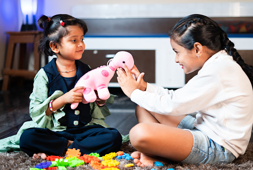 Focus on toy, Two little sibling Kids playing with Pink Dinosaur toy at home - concept of children development and childhood fun