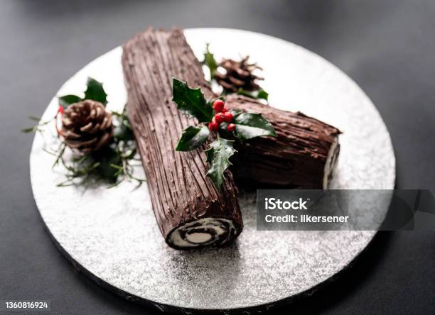 Traditional Christmas Yule Log Cake Stock Photo - Download Image Now - Yule Log, Cake, Swiss Roll