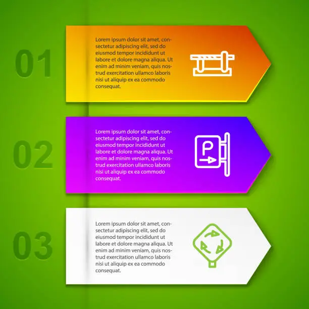 Vector illustration of Set line Parking car barrier, and Roundabout traffic sign. Business infographic template. Vector