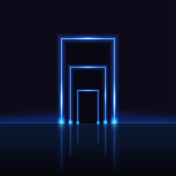 Neon gate, blue glowing light laser beam frame, magic or techno portal. Mystic neon door opening to galaxy space worlds, shiny design element on dark background. Vec tor illustration Neon gate, blue glowing light laser beam frame, magic or techno futuristic portal. Mystic neon door opening to galaxy space worlds, shiny design element on dark background. Vec tor illustration gate stock illustrations