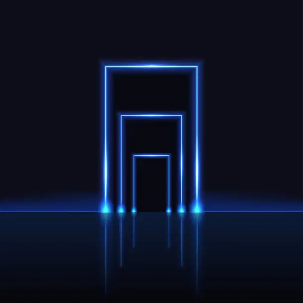 Vector illustration of Neon gate, blue glowing light laser beam frame, magic or techno portal. Mystic neon door opening to galaxy space worlds, shiny design element on dark background. Vec tor illustration