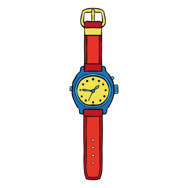Vector illustration of Bright colorful cartoon wristwatch. Vector hand drawing. Vertical front view. Isolated object on a white background. Isolate.
