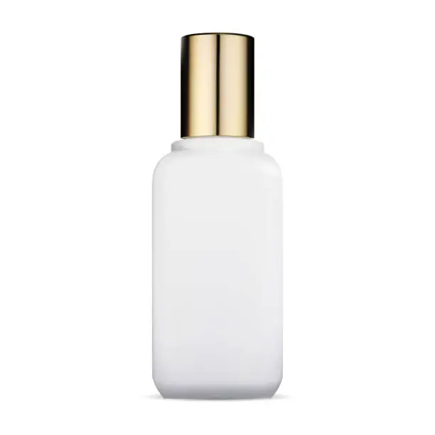 Vector illustration of Cosmetic bottle. Glass container with gold cap