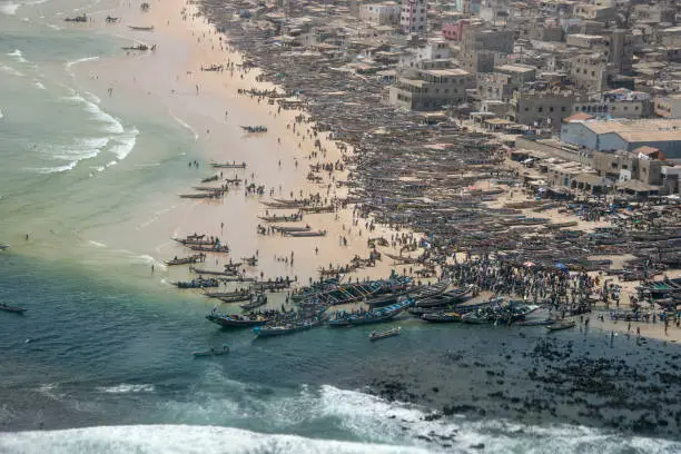 Aerial photograph of the beaches of the Yoff neighborhood on the coast of Dakar, Senegal