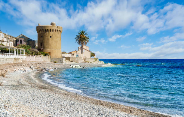 Landscape with Plage de Miomo, Corsica Landscape with Plage de Miomo in Santa Maria di Lota, Corsica island, France lota stock pictures, royalty-free photos & images