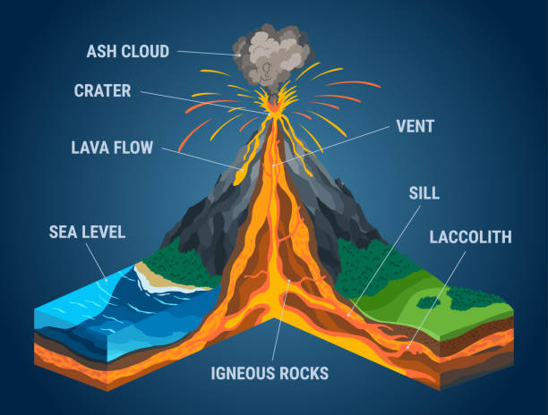 단면 인포그래픽에서 화산의 등소측정. 마그마 챔버, 가스 콘, 통풍구 및 분화구 용암 폭탄 재를 나타내는 구조. 지구 지각의 섹션 - continents globe continent tectonic stock illustrations