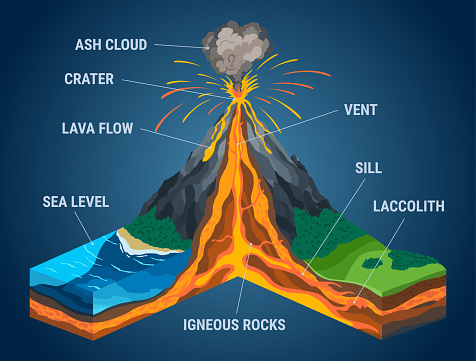 Isometric of volcano in cross section infographic. Structure with indicating of magma chamber, gases cone, vent and crater lava bomb ash. Section of the Earth crust.