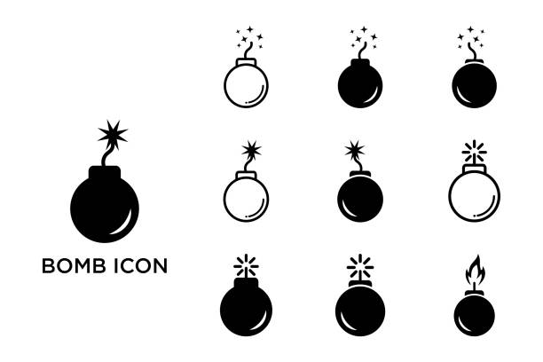 ilustraciones, imágenes clip art, dibujos animados e iconos de stock de icono de bomba conjunto de plantilla de diseño vectorial en fondo blanco - bomb