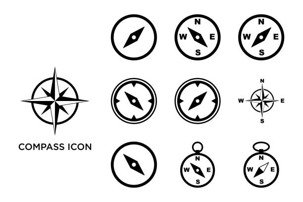 ilustraciones, imágenes clip art, dibujos animados e iconos de stock de icono de brújula conjunto de plantilla de diseño vectorial - compass