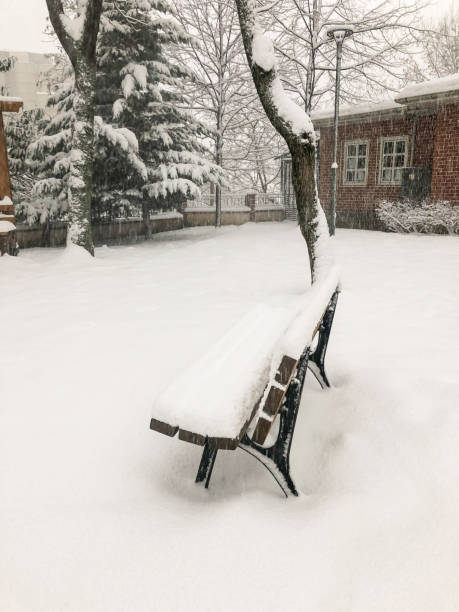 istock empty bench under snow in winter at garden of a house while snowing 1360829971