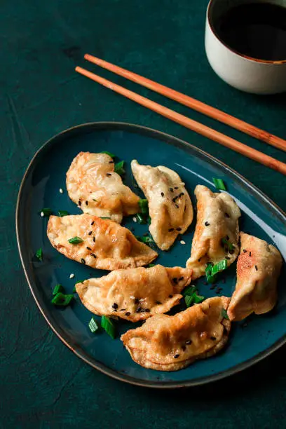 Japanese Gyoza dumplings ,fried, with sauce, on a green background, top view, no people, toned,boiled,