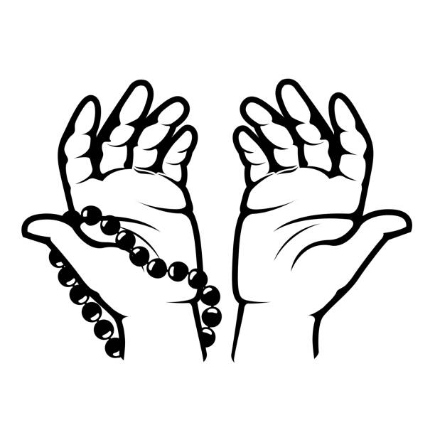 clasped hands in prayer, hand palms with beads, namaz or ramadan muslim pray, vector - salah stock illustrations