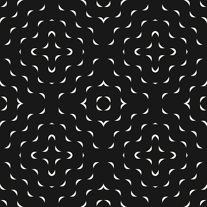 Vector minimalist geometric seamless pattern with small wavy shapes, curved lines. Simple abstract monochrome texture with concentric waves. Stylish modern dark background. Black and white design