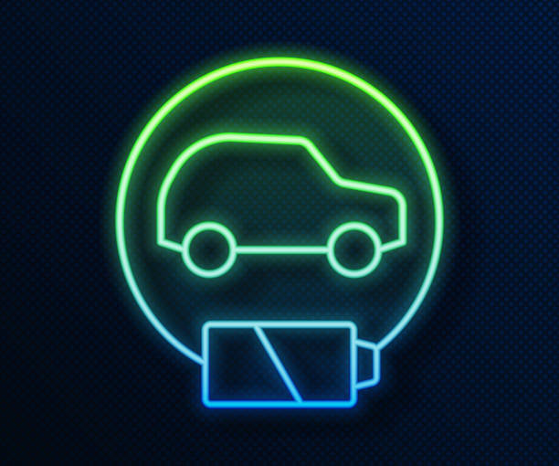 istock Glowing neon line Electric car and electrical cable plug charging icon isolated on blue background. Renewable eco technologies. Vector 1360838923