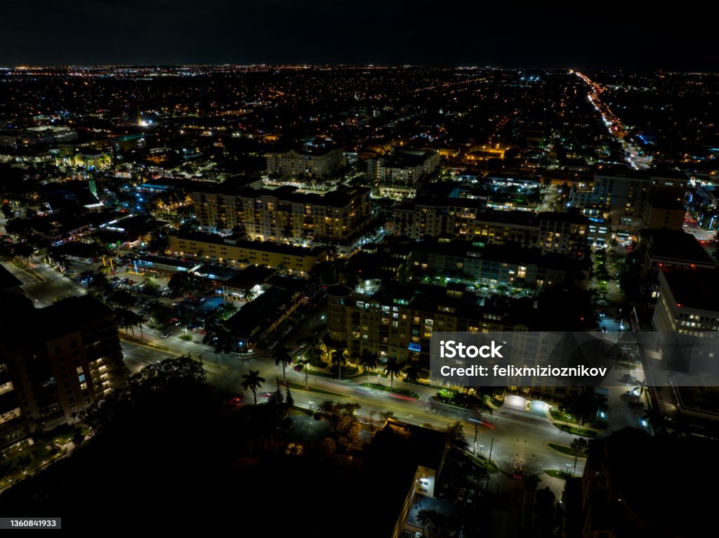 Aerial night photo Downtown Boca Raton FL Mizner Park Stock Photo