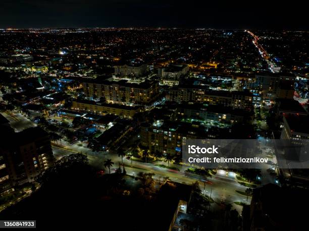 Aerial Night Photo Downtown Boca Raton Fl Stock Photo - Download Image Now - Mizner Park, Above, Aerial View