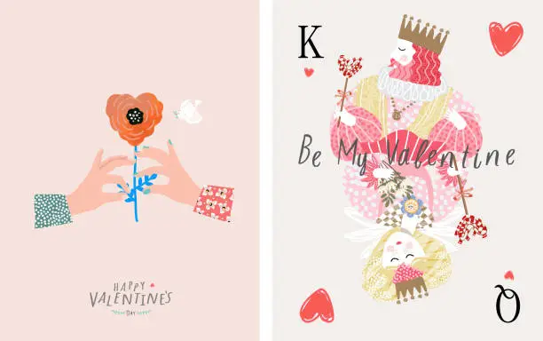 Vector illustration of Valentine's day, February 14. Vector illustrations of love, couple, heart, valentine, king, queen, hands, flowers. Drawings for postcard, card, congratulations and poster.