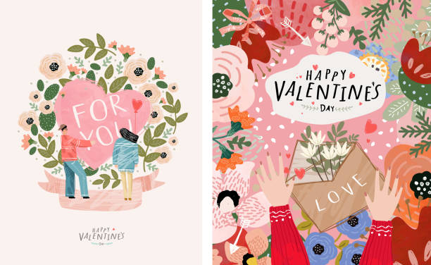 ilustrações de stock, clip art, desenhos animados e ícones de valentine's day, february 14. vector illustrations of love, couple, heart, valentine, king, queen, hands, flowers. drawings for postcard, card, congratulations and poster. - illustration and painting watercolor painting people couple