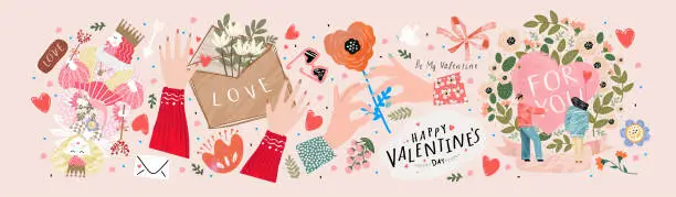 Vector illustration of Valentine's day, February 14. Vector illustrations of love, couple, heart, valentine, king, queen, hands, flowers. Drawings for postcard, card, congratulations and poster.