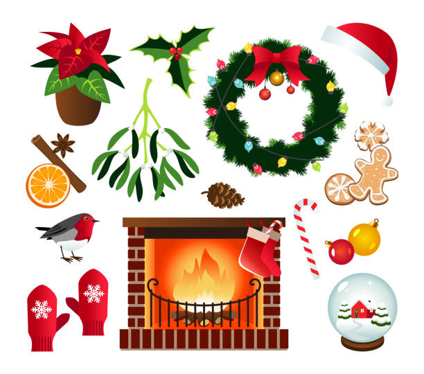 illustrazioni stock, clip art, cartoni animati e icone di tendenza di accogliente camino e decorazioni natalizie - fireplace christmas candle holiday