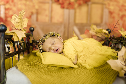 Newborn baby girl  concept photos with pumkins