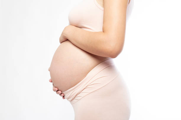 Pregnant women holding hands on abdomen side view studio shot