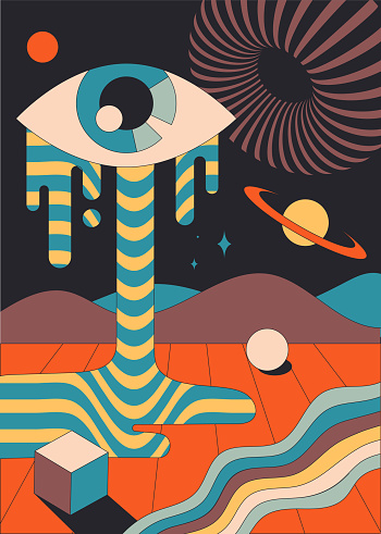 Abstraction bright psychodelic cover. Old hippie style pictures. Retro banners and posters. Stylish site design, eyes and sprawling geometric shapes, shadows. Cartoon volumetric vector illustration