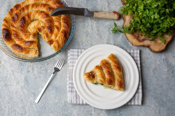 Turkish Tepsi Boregi, Round Borek, Tray pastry (Turkish name; rulo borek)