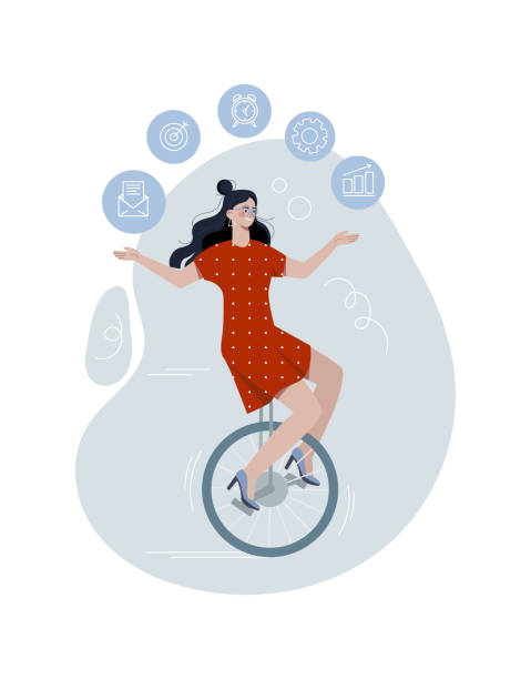 Skillful businesswoman or entrepreuner Skillful businesswoman or entrepreuner. Girl on wheel juggles several objects. Metaphor for successful, efficient and productive employee. Motivation and management. Cartoon flat vector illustration juggling stock illustrations