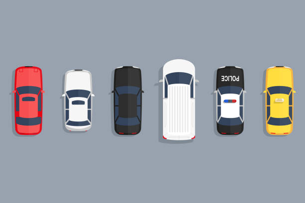 cars top view set. vector flat illustration - üst giyim stock illustrations